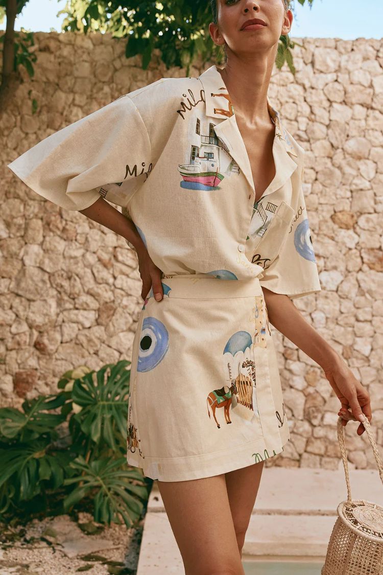 Kea Linen Blend Unique Print Short Sleeve Shirt and High Rise Wrap Panel Miniskirt Set - Fashionpara