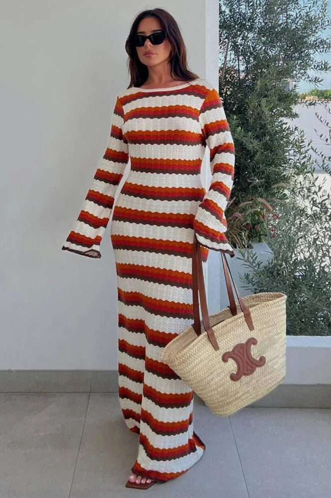 Striped Crochet Knit Long Sleeve Maxi Dress