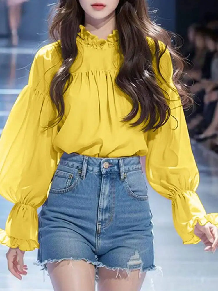 Lantern Sleeve Solid Stand Collar Blouse