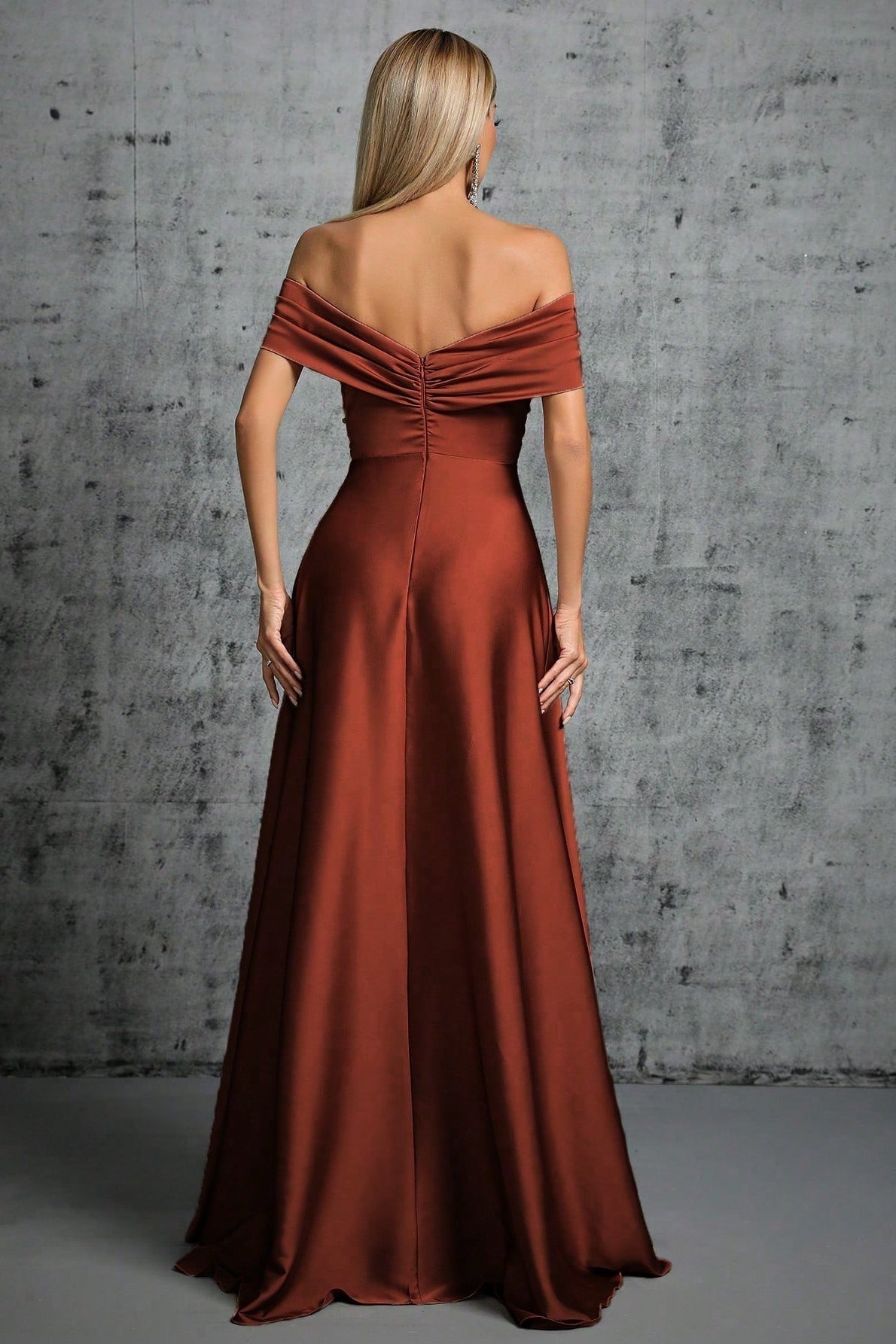 Satin Off Shoulder Twist Front A-Line Maxi Dress - View 4