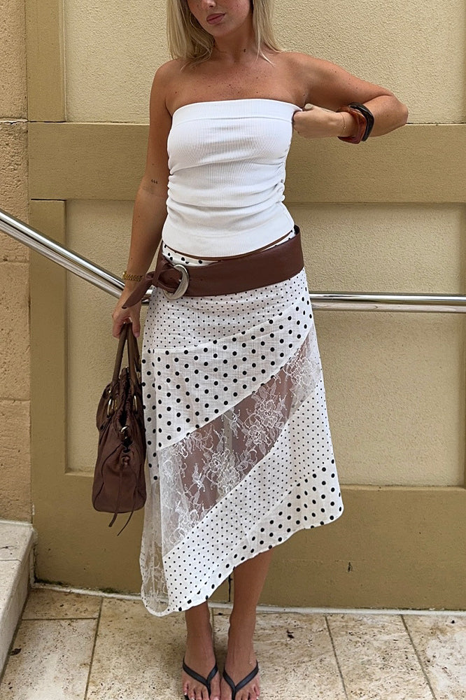 Polka Dot Lace Asymmetrical Maxi Skirt - Fashionpara