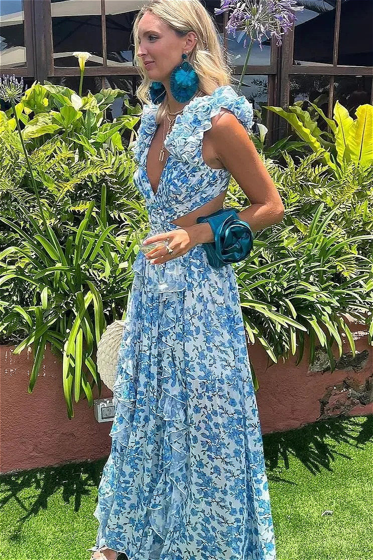 Floral Print Plunge Ruffle Cutout Tiered Maxi Dress
