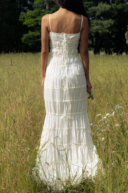 Lace Pleated Backless Suspender Maxi Dress