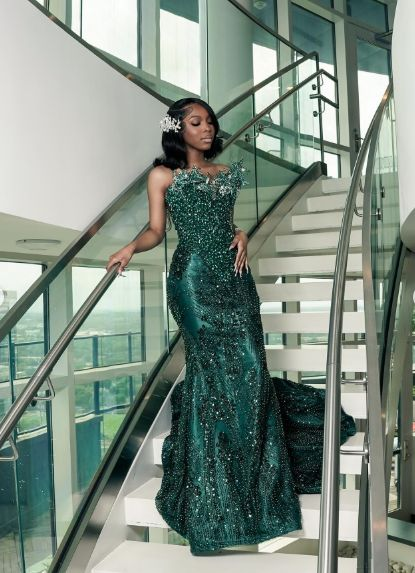 Luxury One Shoulder Satin Beaded Evening Dress Emerald Green Mermaid Prom Dress - Fashionpara