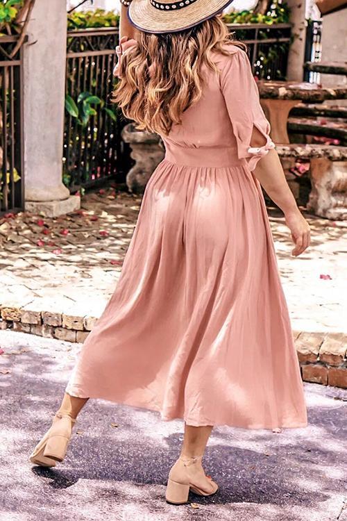 Deep V-Neck Puff Sleeve Tie Cuff Button Front A-Line Midi Dress - View 13