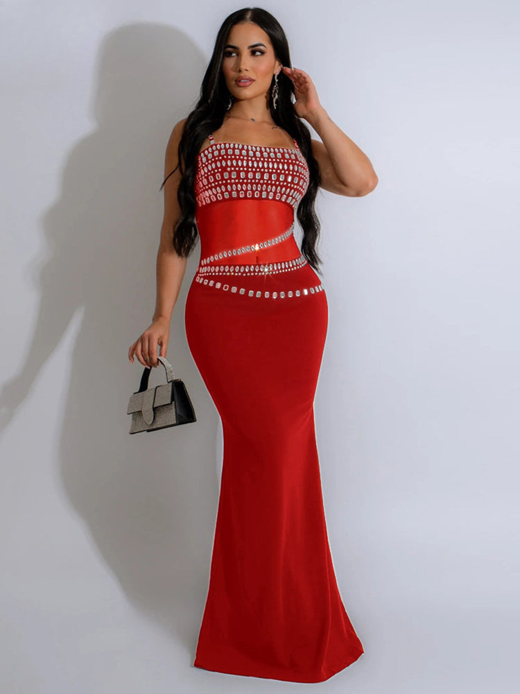 Red Christmas Party Dress with Elegant Mesh See Through Rhinestones Strap - Fashionpara