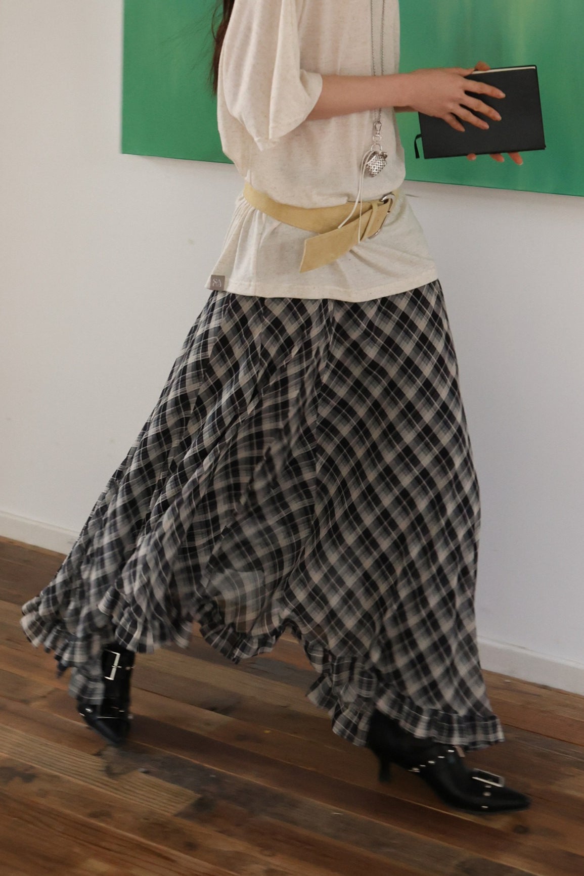 Plaid Asymmetric Ruffle Midi Skirt