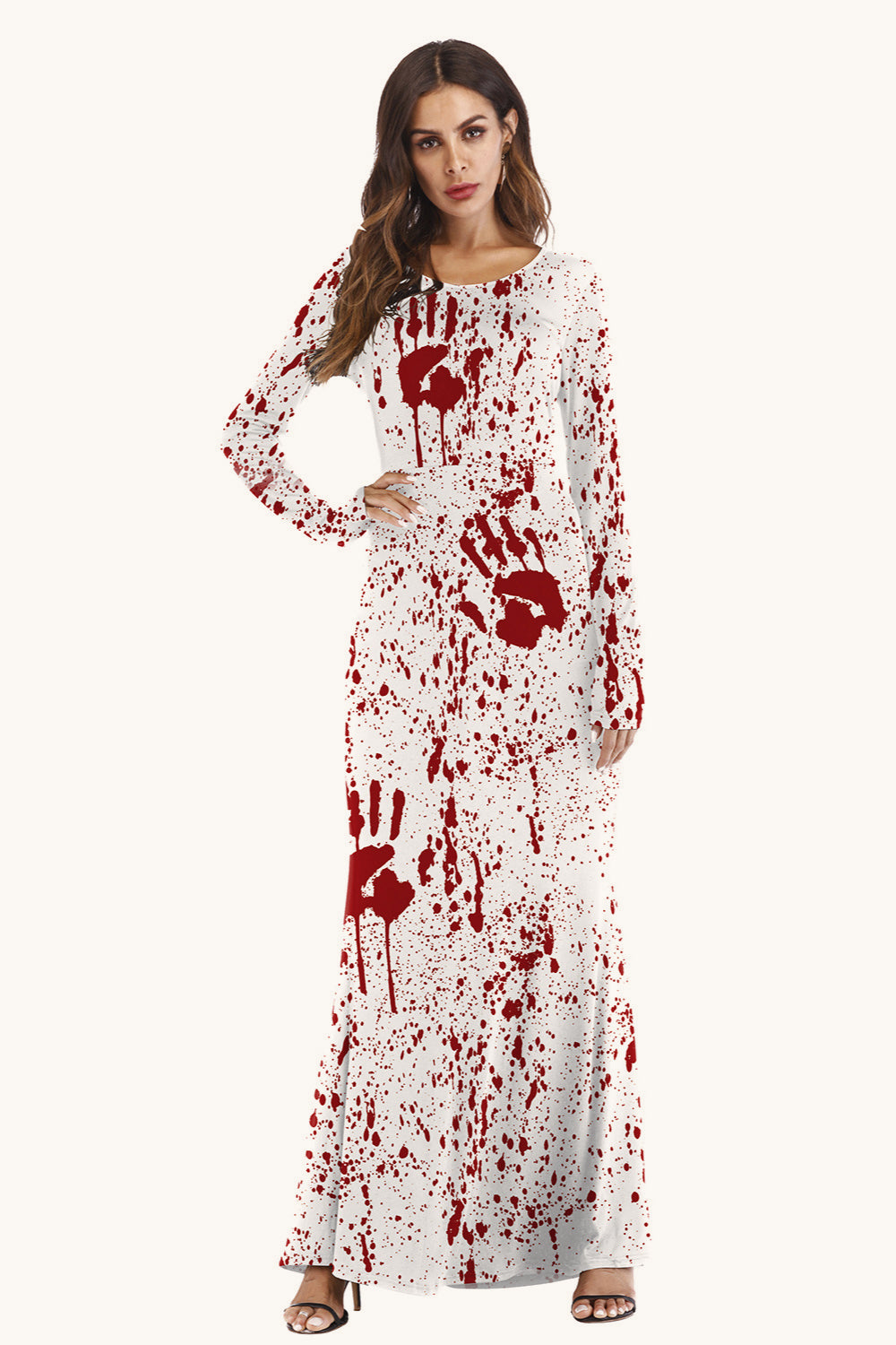 Halloween Pumpkin Digital Print Long Sleeve Maxi Dress
