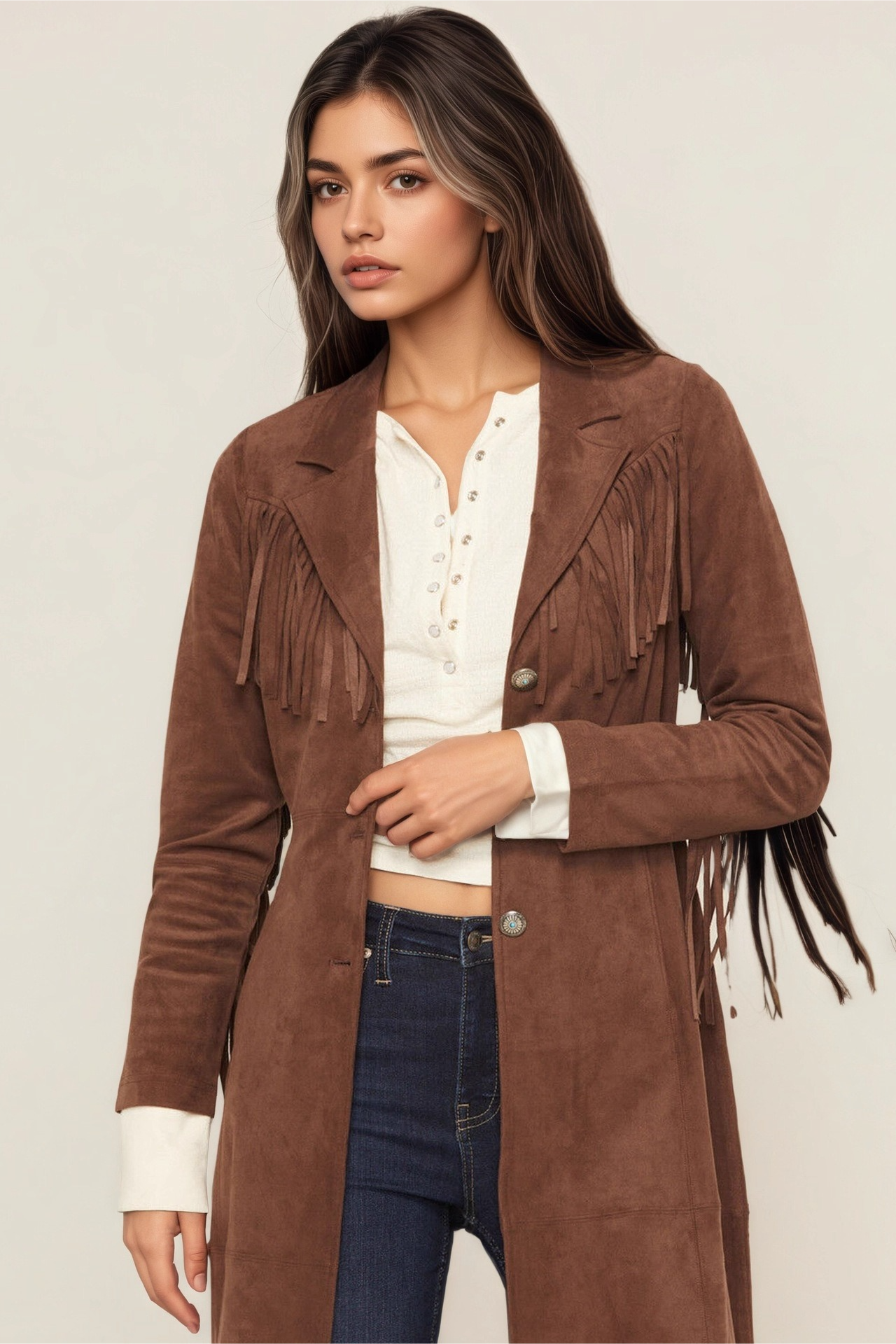 Faux Fur Notch Lapel Long Fringe Long Sleeve Overcoat - Fashionpara