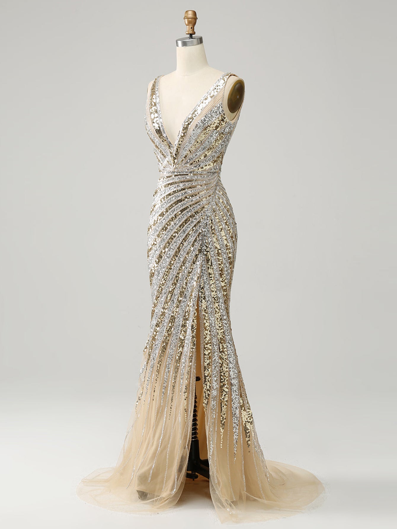 Golden Deep V Neck Stripes Sleeveless Long Prom Dress with Slit - Fashionpara