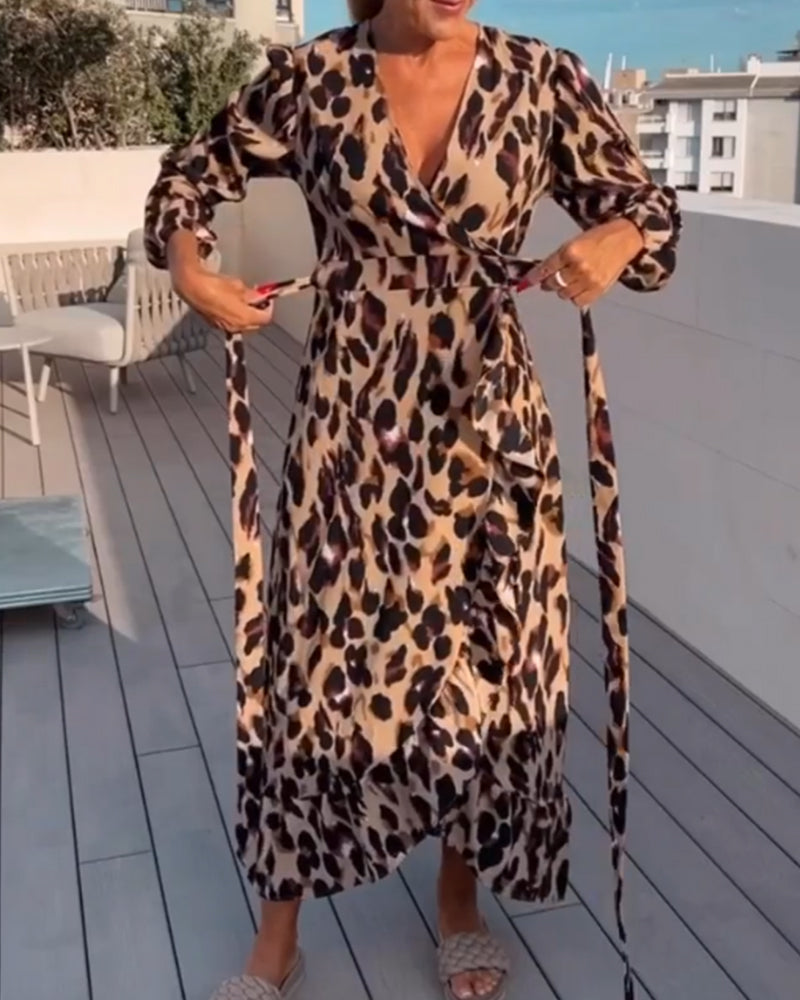 Leopard Print V-Neck Wrap Puff Sleeve Tie Waist Ruffle Trim Midi Dress - View 2