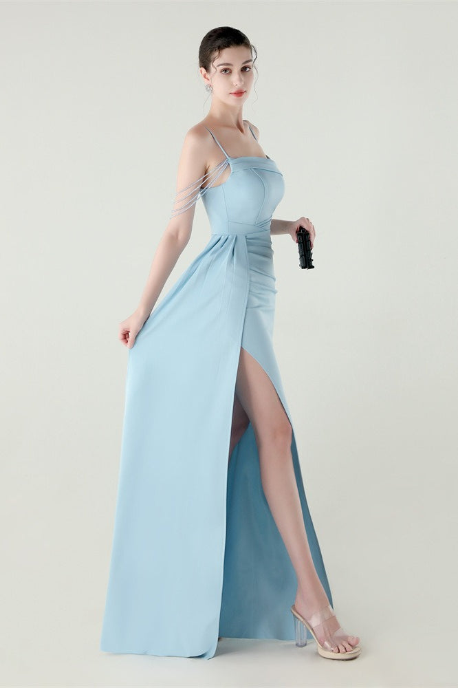 Satin Spaghetti Strap Ruched High Slit Mermaid Gown 10