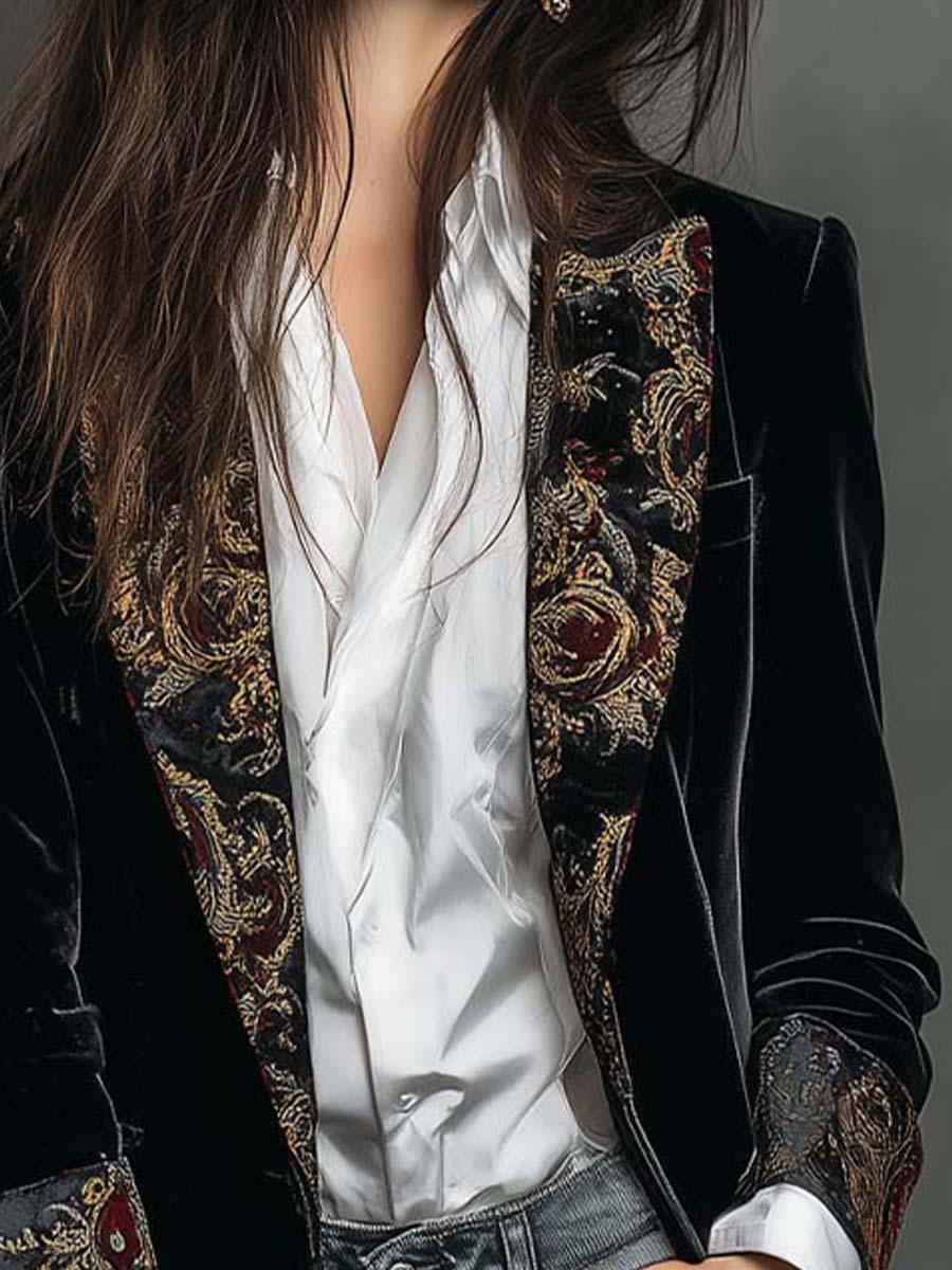 Baroque Embroidered Lapel Velvet Longline Blazer 5