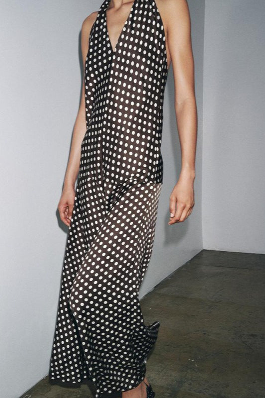 Polka Dot Halter Neck Plunge Backless Maxi Dress