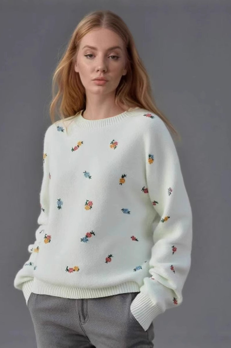 Embroidered Floral Crewneck Sweater
