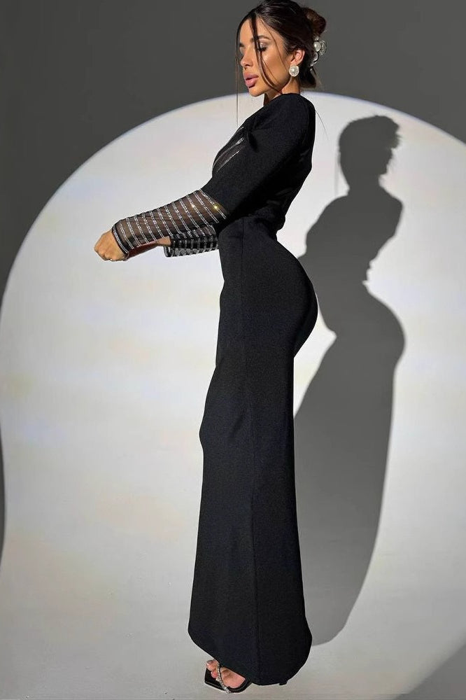 Rhinestone Mesh Bodycon Maxi Dress