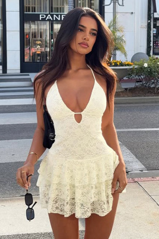 Lace Halter Neck Deep V-Neck Tiered Ruffle Mini Dress in White