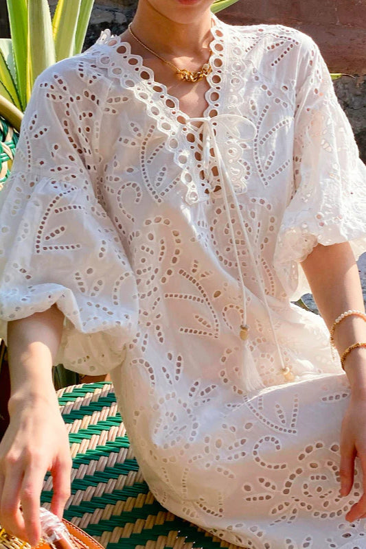 Embroidered Puff Sleeve White Maxi Dress