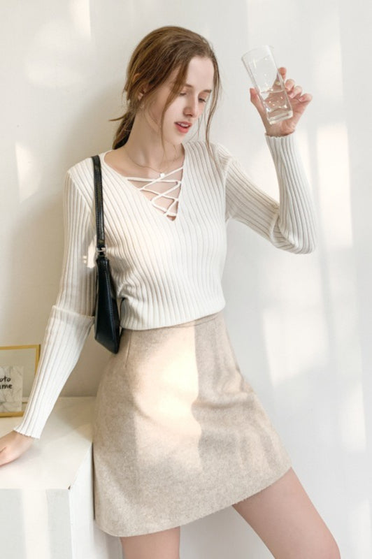 Slim Fit Lace Up V Neck Sweater