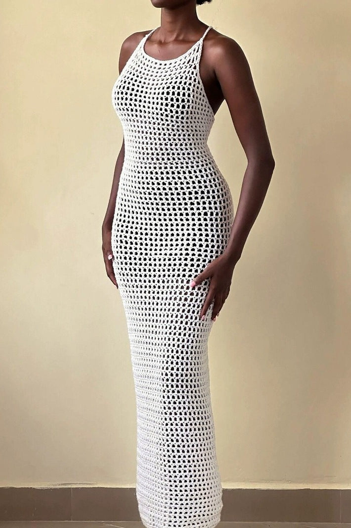 Beach Vacation Knit Cut Out Cover Up Maxi Sweater Dress - Fashionpara