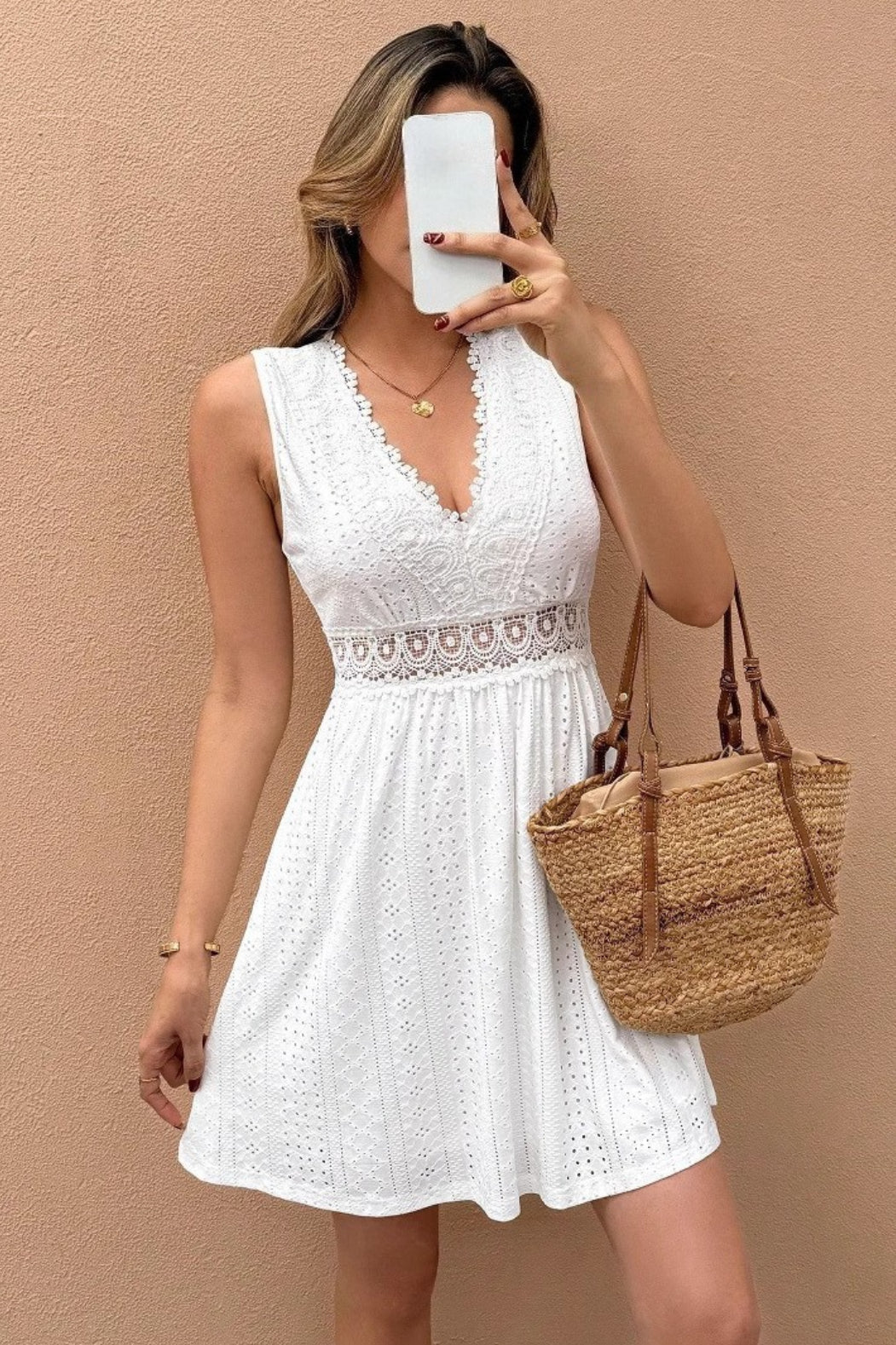 Sleeveless V-Neck Lace Crochet Eyelet Fit and Flare Mini Dress - View 5