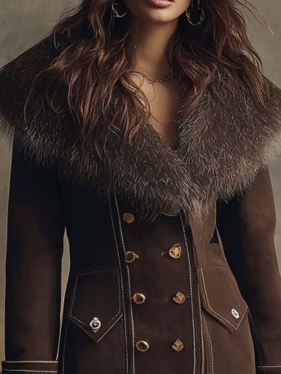 Vintage Brown Eco-Suede Double-Breasted Coat With Faux Fur Collar - Fashionpara