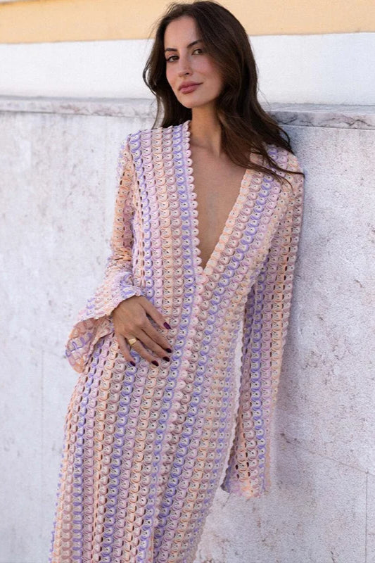 Crochet Colorful Stripe V-Neck Flare Sleeve Maxi Dress