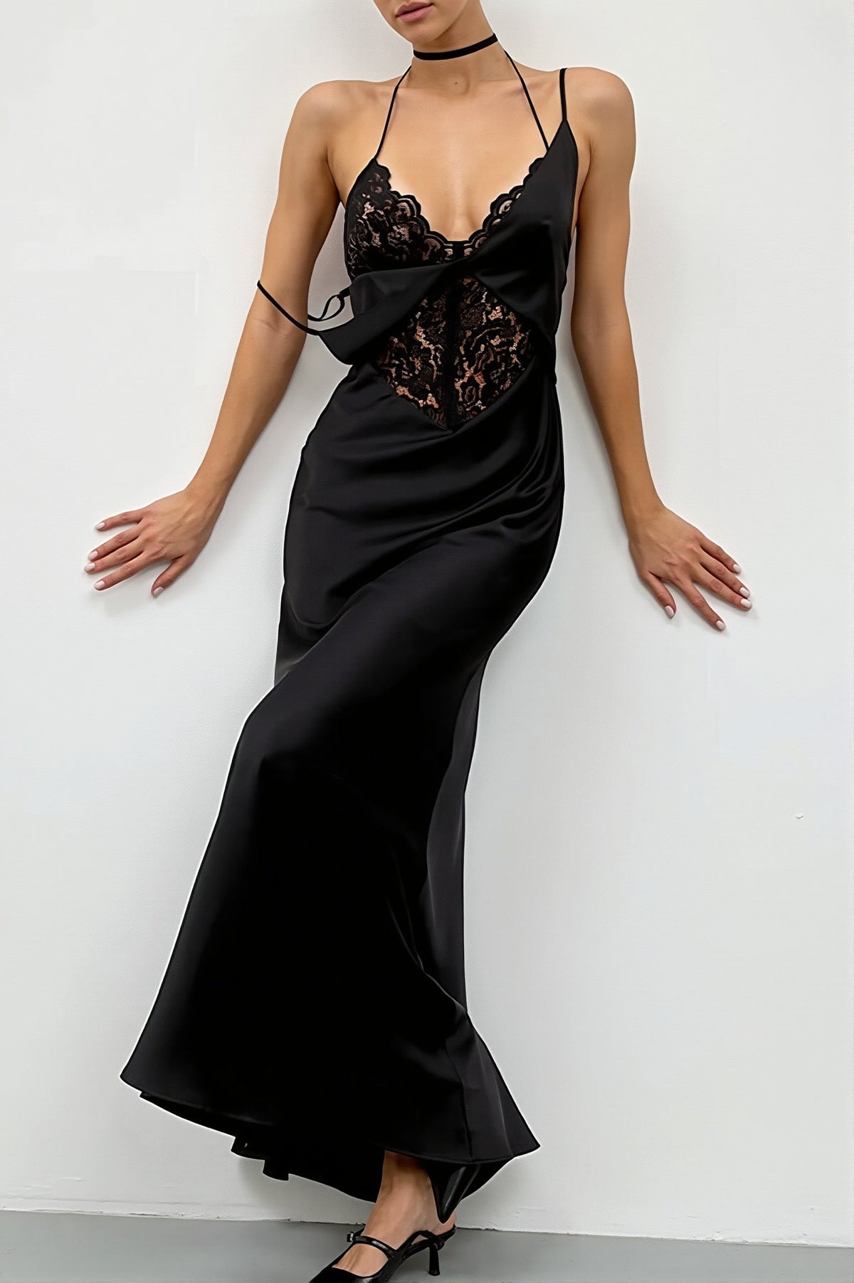Satin Lace Trim Plunge Backless Slip Maxi Dress