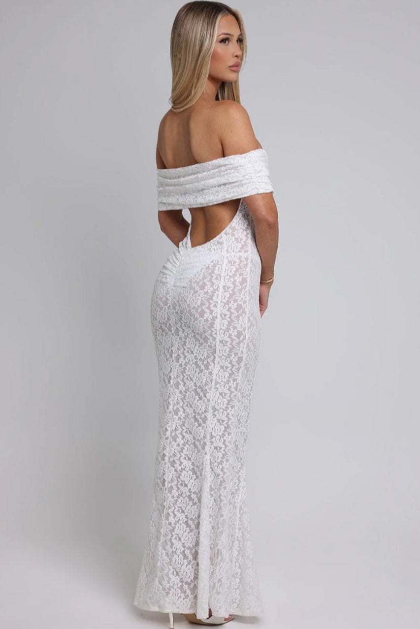 Sheer Floral Lace Off-Shoulder Mermaid Maxi Gown