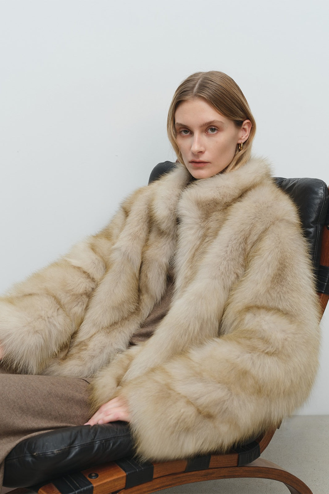 Minimalist Mid-Length Faux Fur Stand Collar Coat