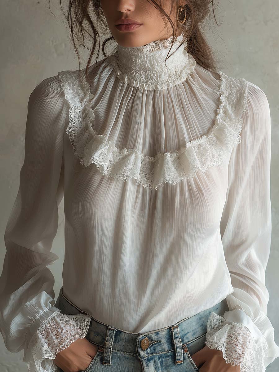 Victorian Lace High-Neck Blouse – Ivory White