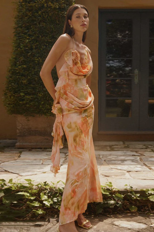 Floral Print Halter Cowl Neck Ruffle Slip Maxi Dress