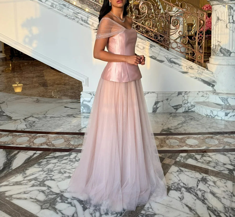 Off Shoulder Beaded Satin Peplum Tulle A-Line Prom Gown