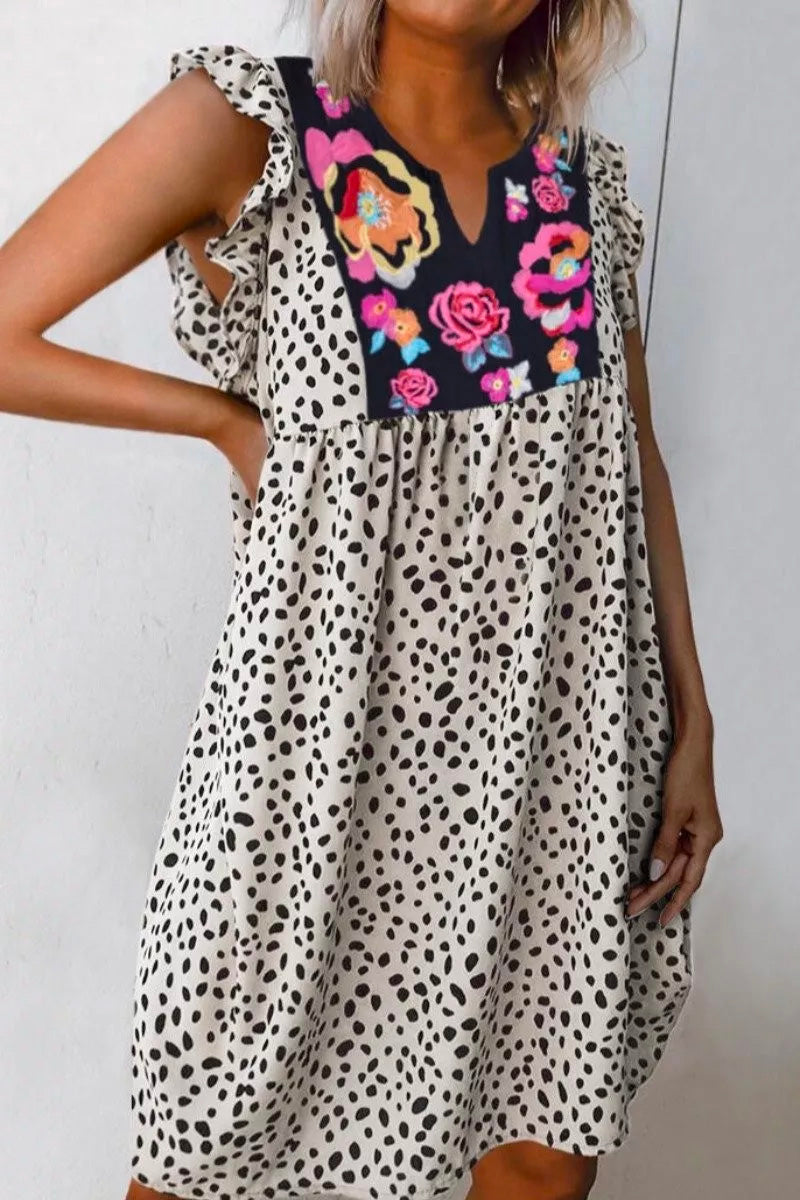 Print Patchwork White Knee Length Dress(2 Colors)