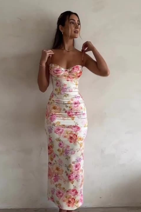Floral Spaghetti Strap Backless Fitted Maxi Dress