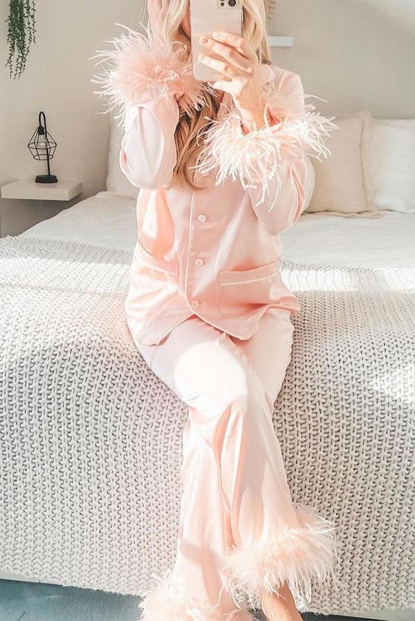 Solid Color Lapel Feather Trousers Two-piece Suit - Fashionpara