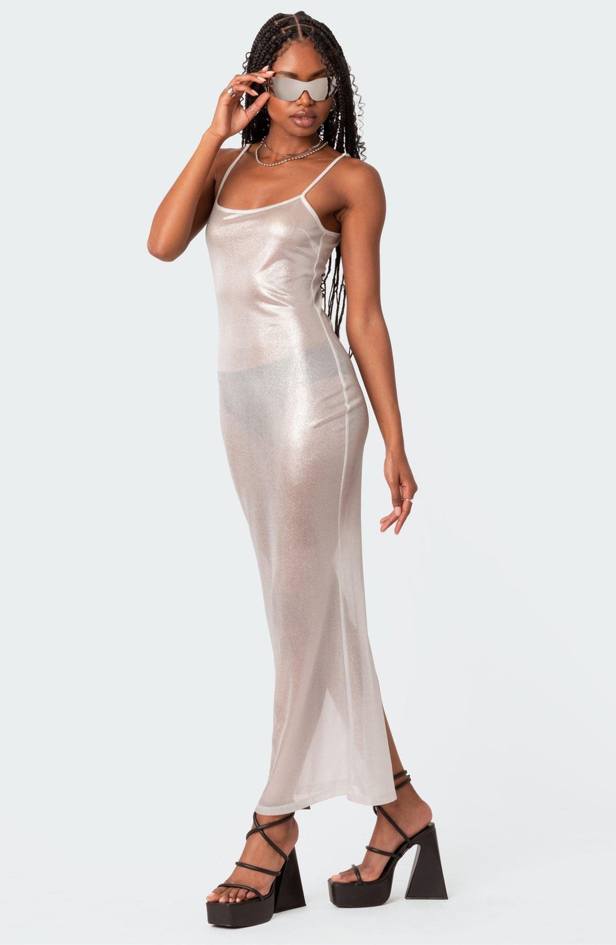 Sheer Shimmer Spaghetti-Strap Bodycon Maxi Dress 10