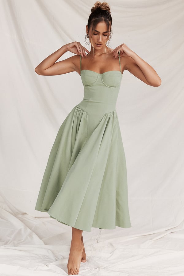 Corset Sweetheart Spaghetti Strap Fit and Flare Midi Dress