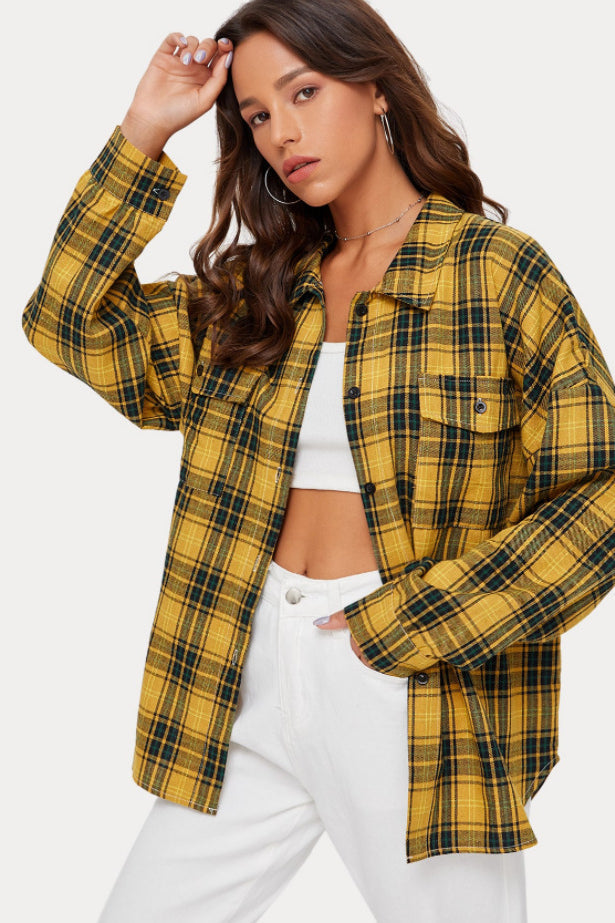 Plaid Stand Collar Button Shirt Blouse - Fashionpara