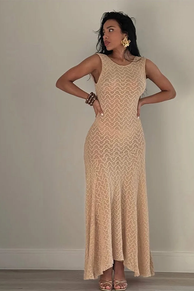 Sexy O-Neck See-Through Fit and Flare Maxi Dress