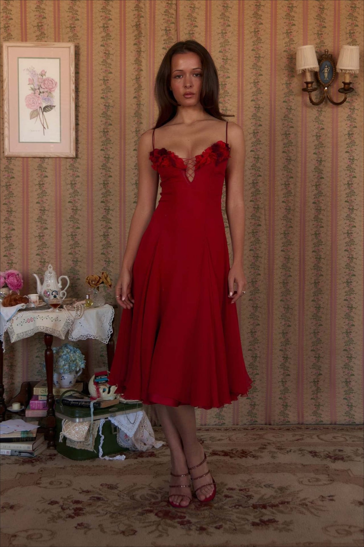 Deep V 3D Floral Sheer Midi Party Dress
