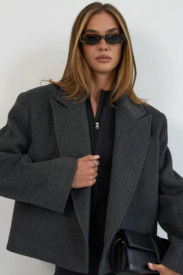 Charcoal Belted Wool Blend Blazer