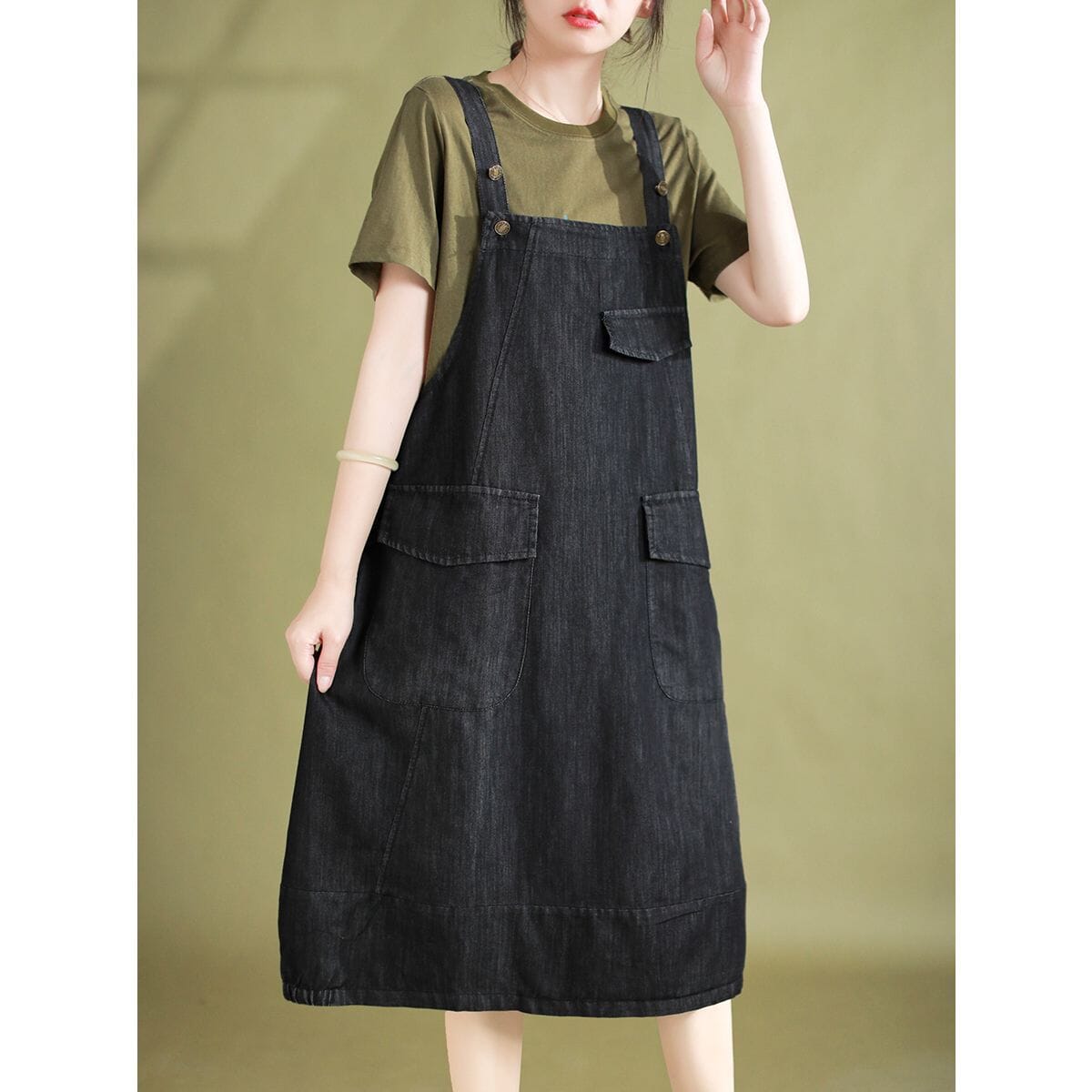 Sleeveless Denim Pinafore Flap Pocket Button Strap Midi Dress - View 4