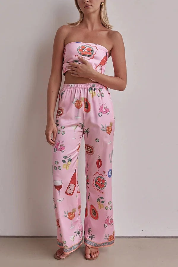 Linen Blend Unique Printed Bandeau Top and Elastic Waist Pocket Pants Set - Fashionpara