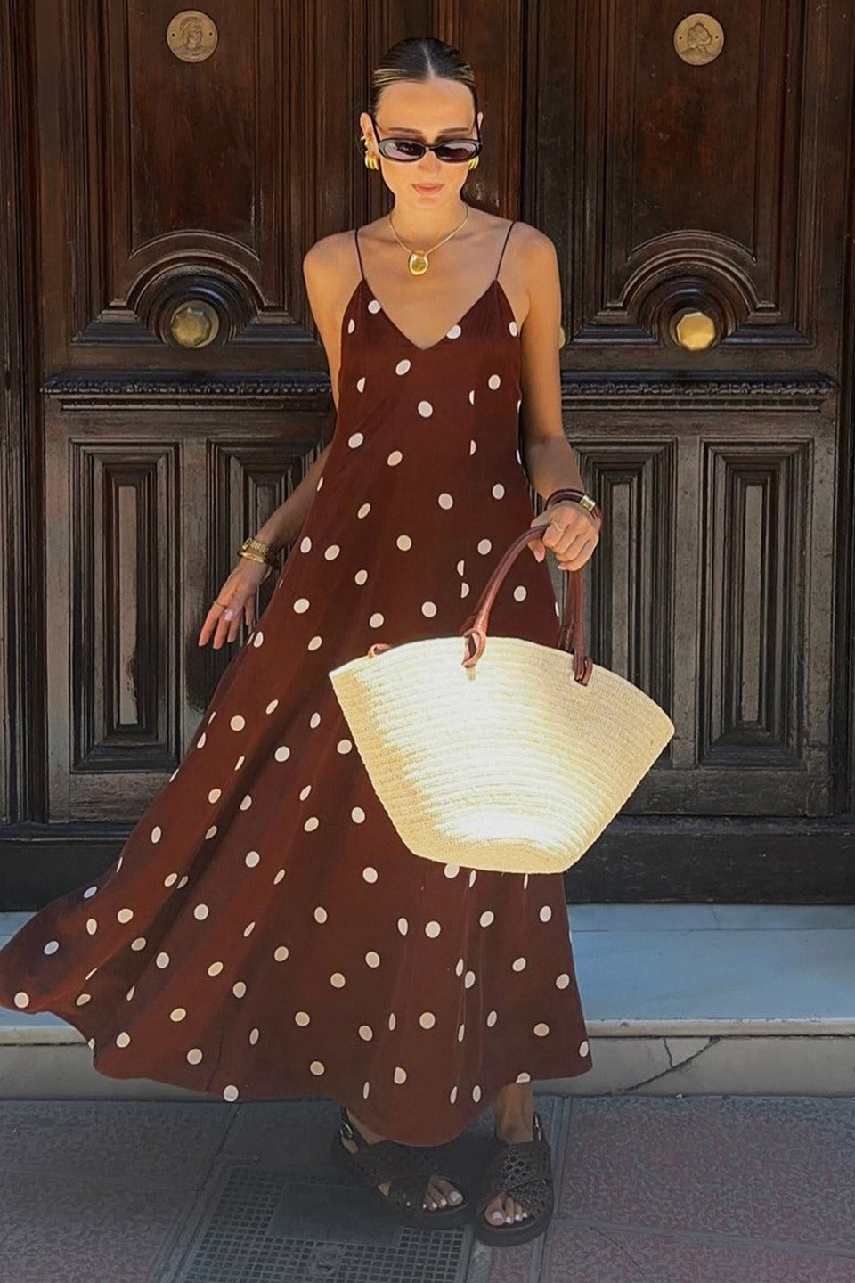 Polka Dot V-Neck Spaghetti Strap Slip Maxi Dress