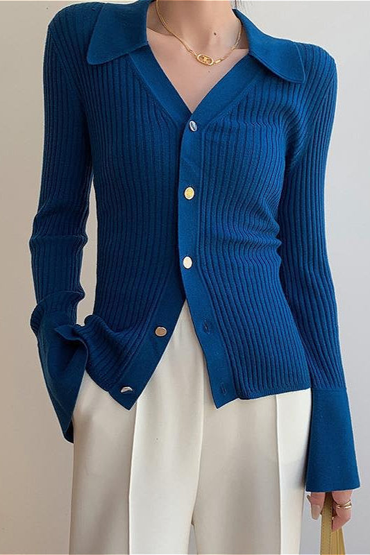 Blue V-Neck Slim Knit Cardigan
