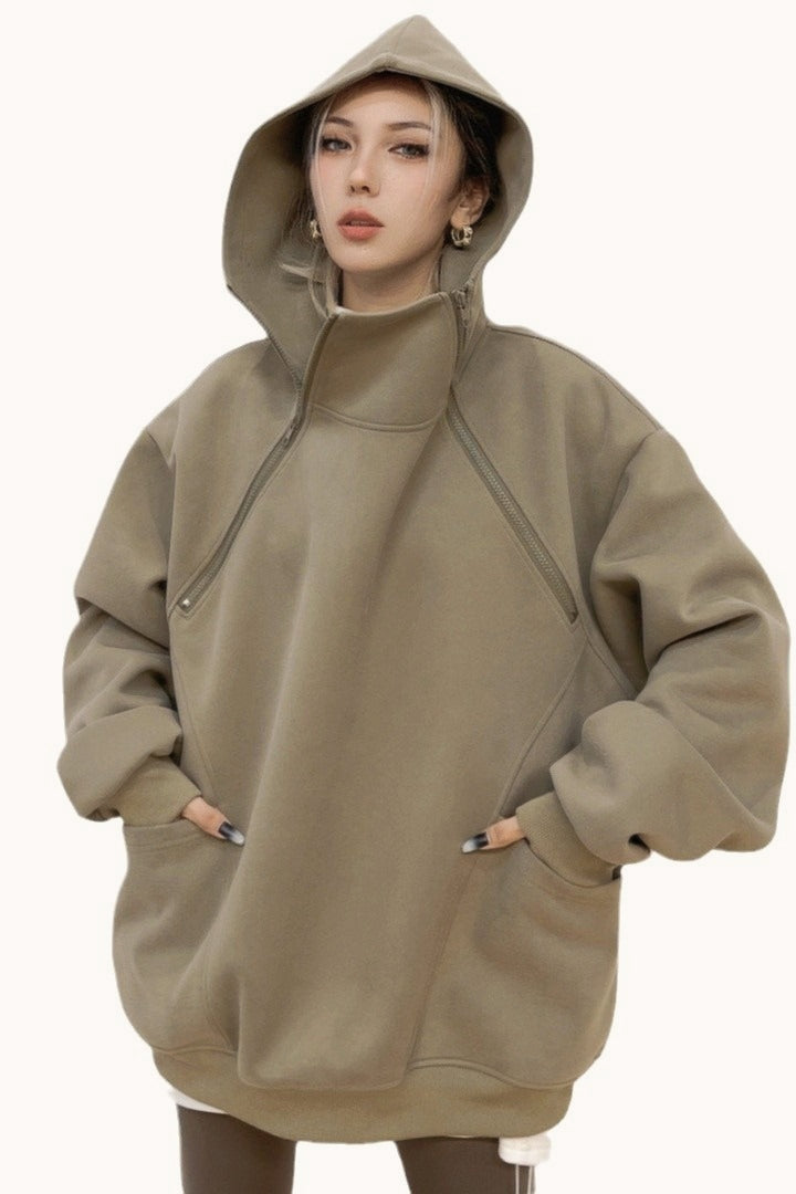 Oversized Hooded Sweatshirt with Side Zipper Hoodie - Fashionpara