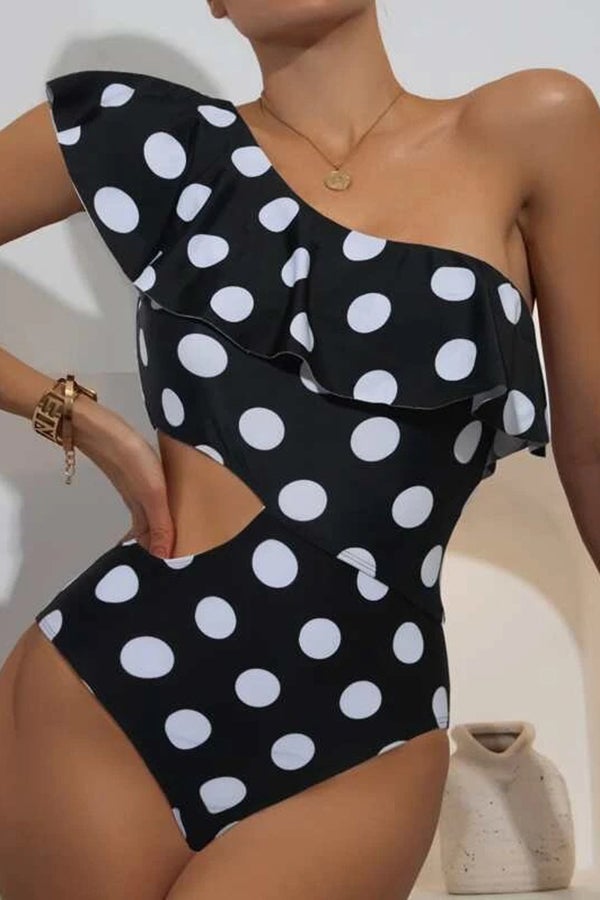 One-shoulder Ruffled Polka Dot One-piece Swimsuit - Fashionpara