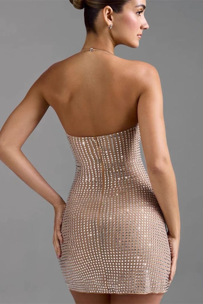 Rhinestone Halter Neck Backless Bodycon Mini Cocktail Dress - View 2