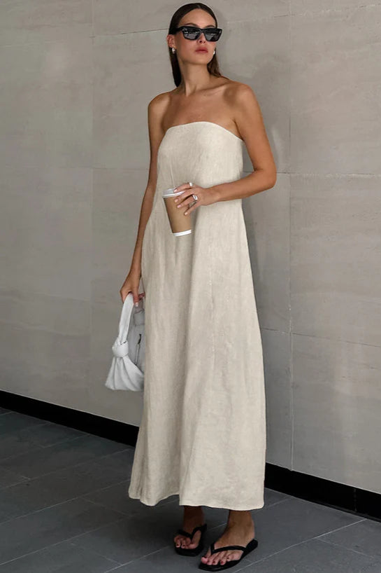 Khaki Cotton Linen Strapless Backless Maxi Dress